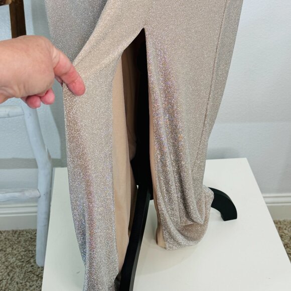 ADRIANNA PAPELL Gold Maxi Glitter Knit Lined Formal Gown Women SZ 14 Champagne - Picture 8 of 15